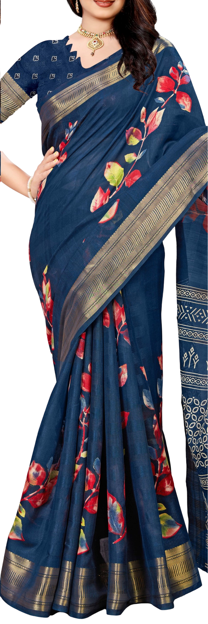 Women's Beutiful Zari Jacquard Border Floral Printed Soft Jaipuri Cotton Saree With Blouse