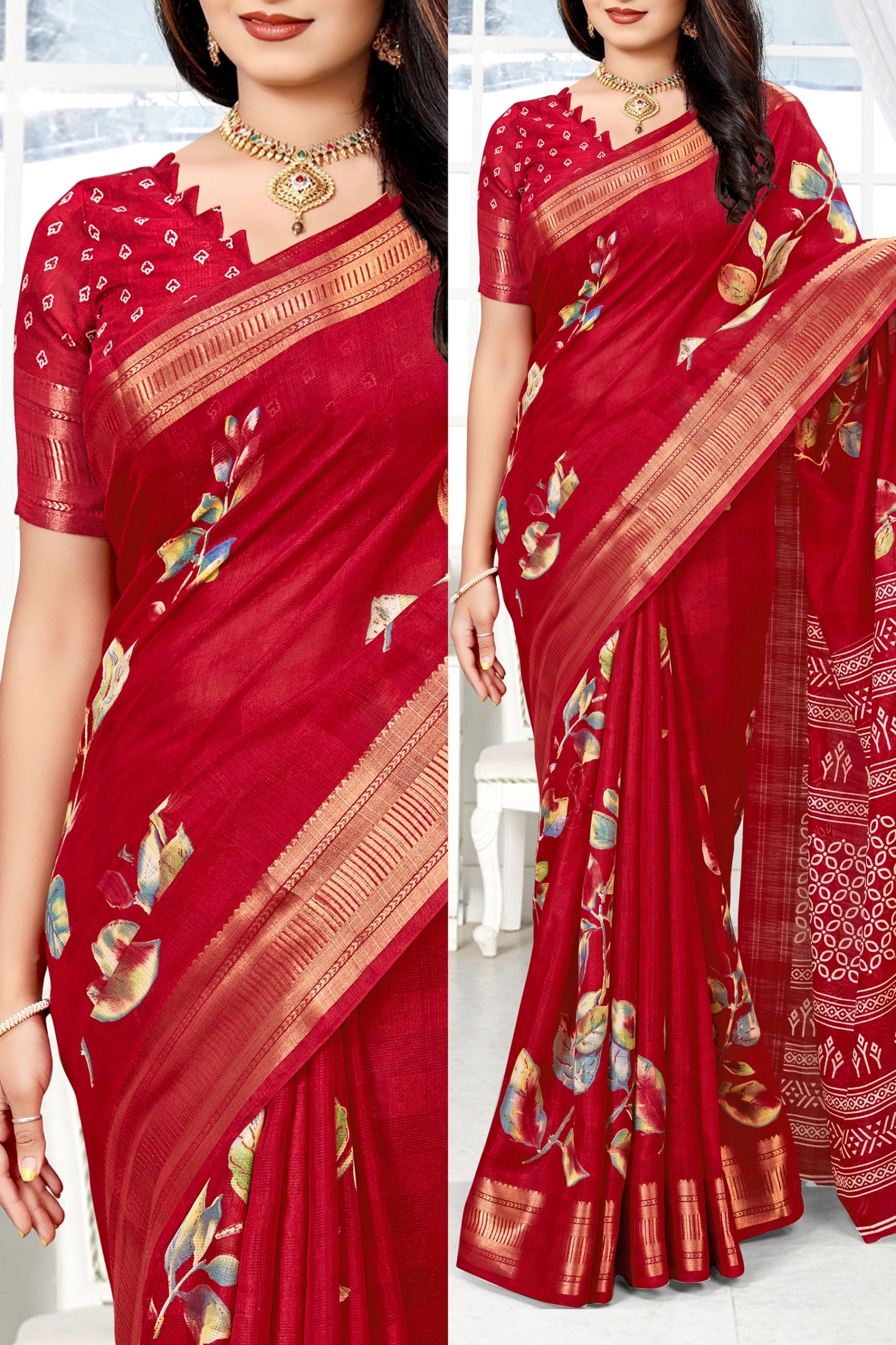 Women's Beutiful Zari Jacquard Border Floral Printed Soft Jaipuri Cotton Saree With Blouse