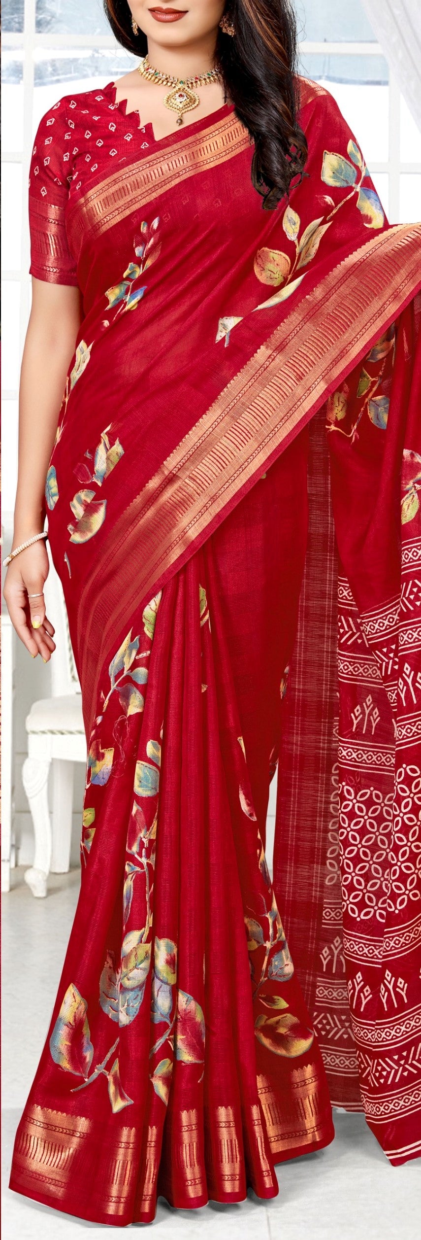 Women's Beutiful Zari Jacquard Border Floral Printed Soft Jaipuri Cotton Saree With Blouse