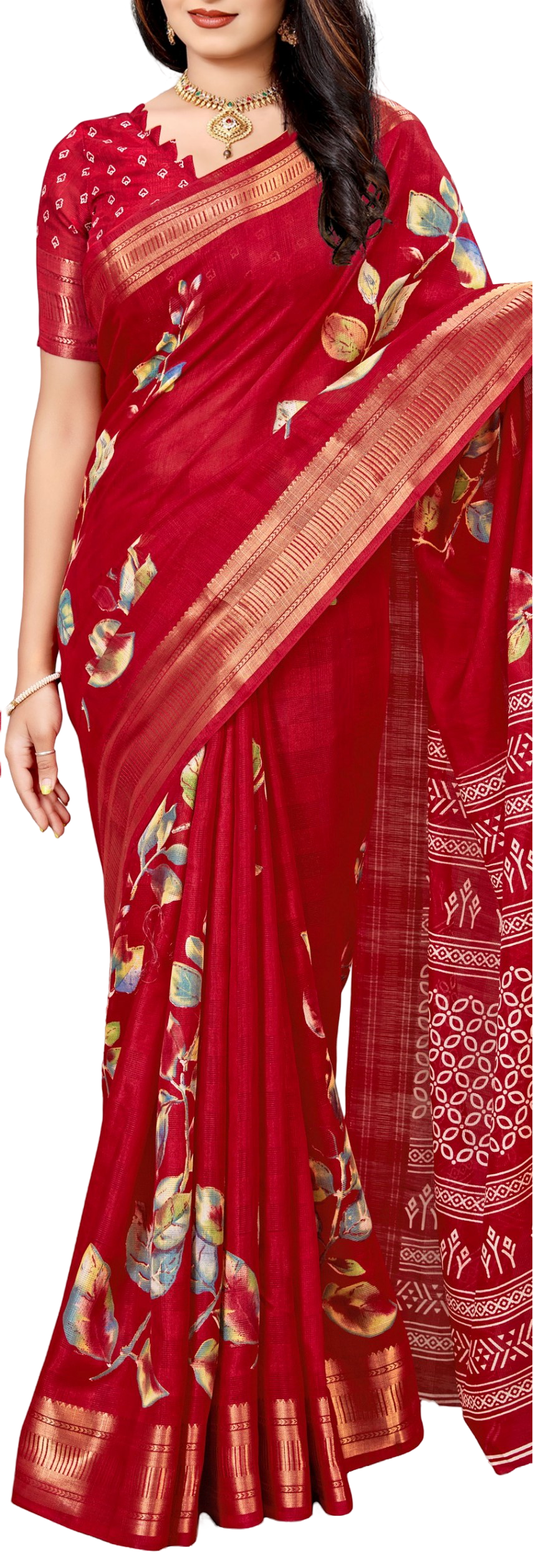 Women's Beutiful Zari Jacquard Border Floral Printed Soft Jaipuri Cotton Saree With Blouse