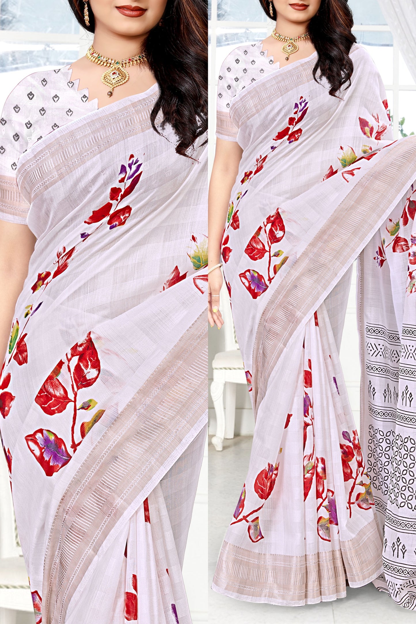 Women's Beutiful Zari Jacquard Border Floral Printed Soft Jaipuri Cotton Saree With Blouse