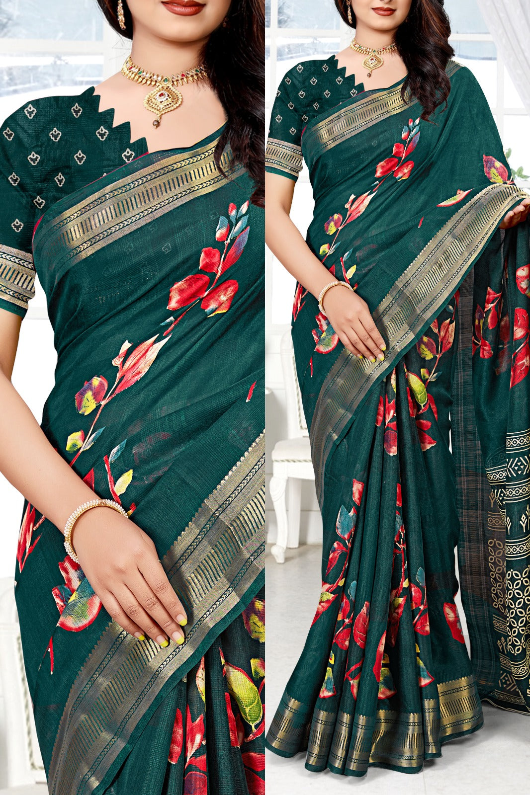 Women's Beutiful Zari Jacquard Border Floral Printed Soft Jaipuri Cotton Saree With Blouse