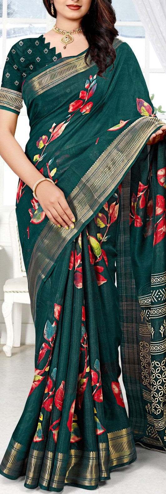 Women's Beutiful Zari Jacquard Border Floral Printed Soft Jaipuri Cotton Saree With Blouse