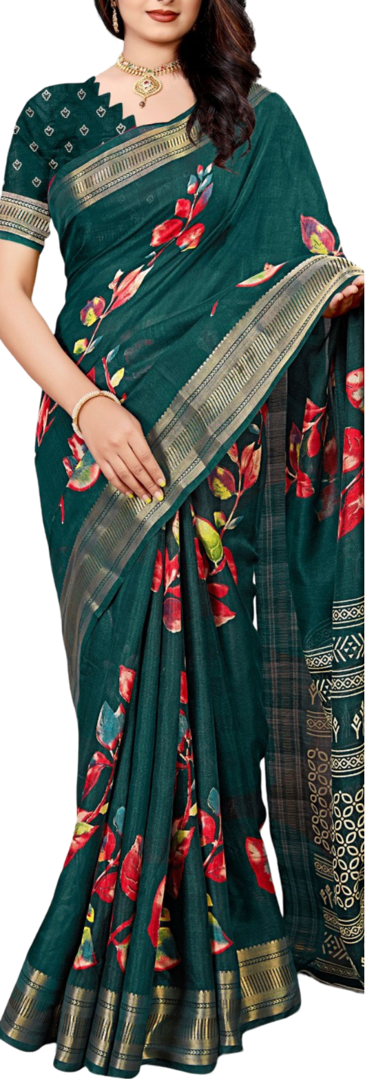 Women's Beutiful Zari Jacquard Border Floral Printed Soft Jaipuri Cotton Saree With Blouse