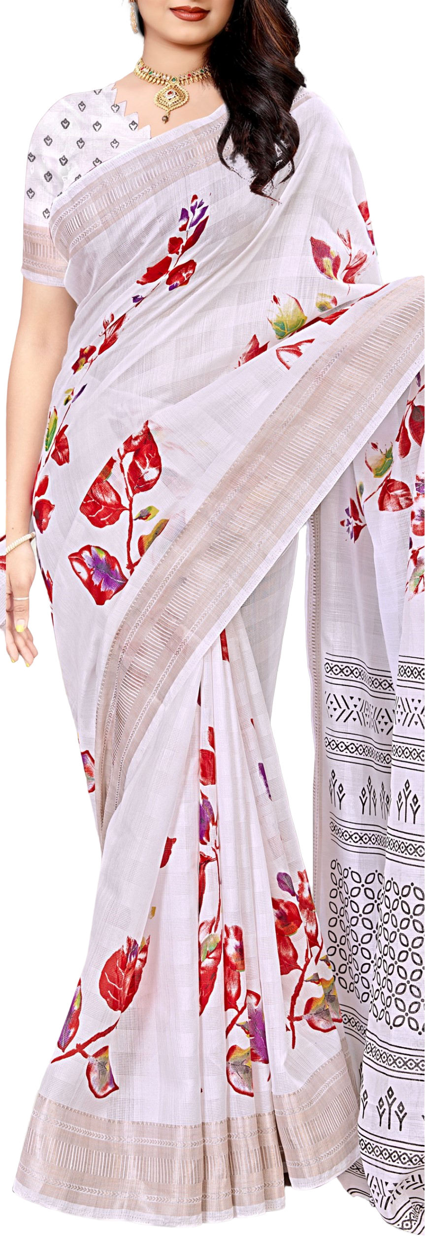 Women's Beutiful Zari Jacquard Border Floral Printed Soft Jaipuri Cotton Saree With Blouse