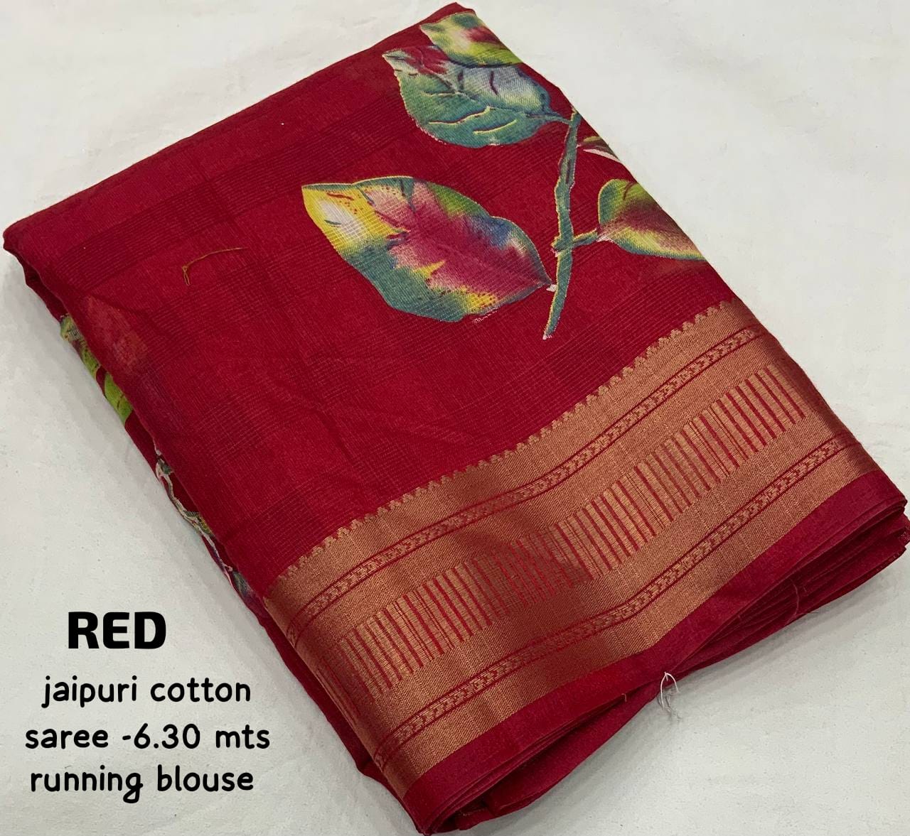 Women's Beutiful Zari Jacquard Border Floral Printed Soft Jaipuri Cotton Saree With Blouse