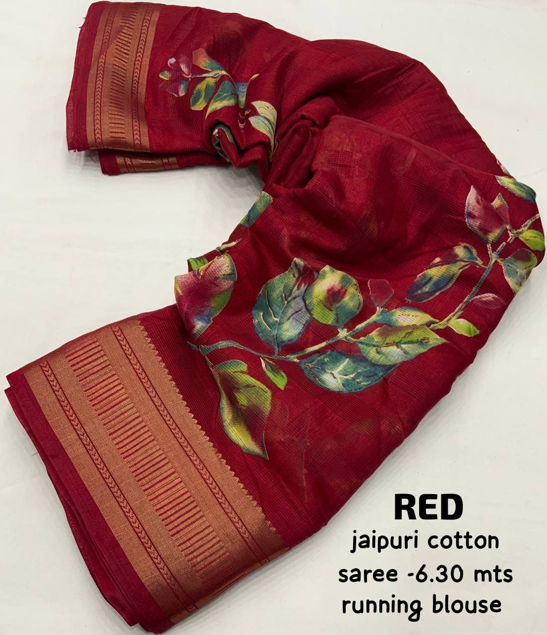 Women's Beutiful Zari Jacquard Border Floral Printed Soft Jaipuri Cotton Saree With Blouse