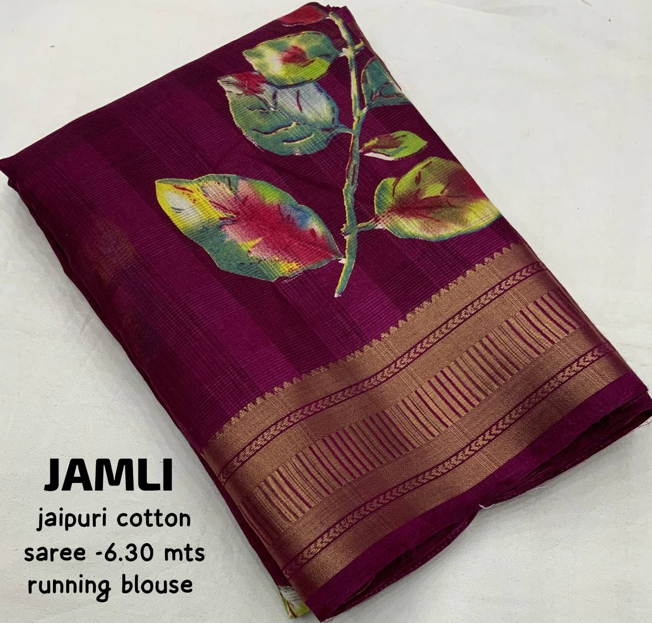 Women's Beutiful Zari Jacquard Border Floral Printed Soft Jaipuri Cotton Saree With Blouse