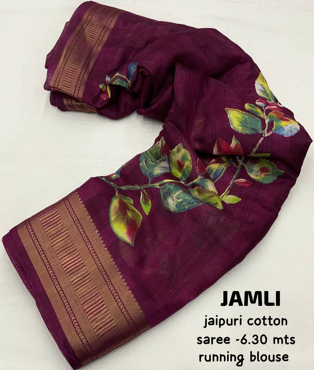 Women's Beutiful Zari Jacquard Border Floral Printed Soft Jaipuri Cotton Saree With Blouse