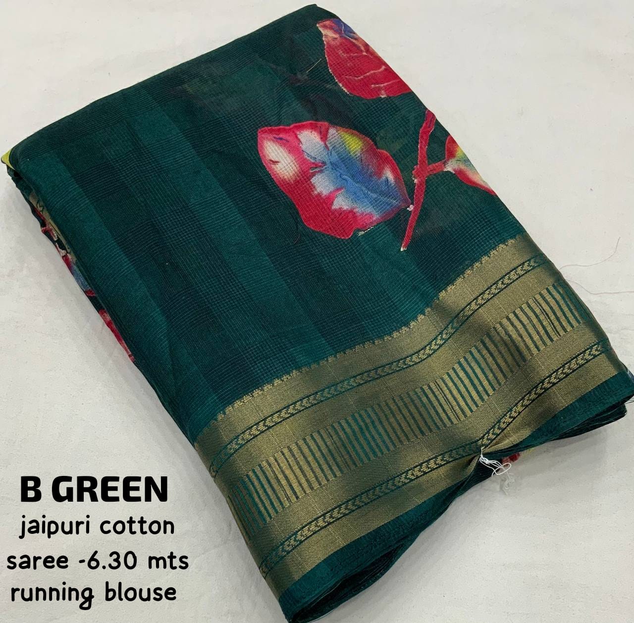 Women's Beutiful Zari Jacquard Border Floral Printed Soft Jaipuri Cotton Saree With Blouse