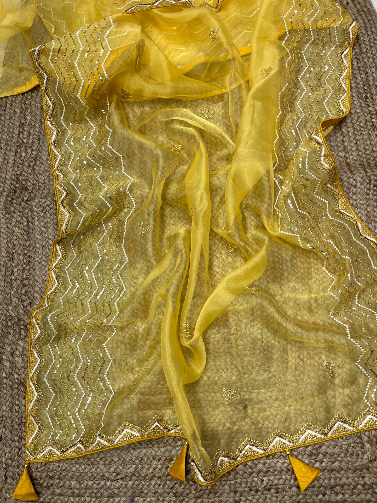 "Embroidery & Sequins Work Yellow Organza Silk Saree Banglori Satin Stitched Blouse"