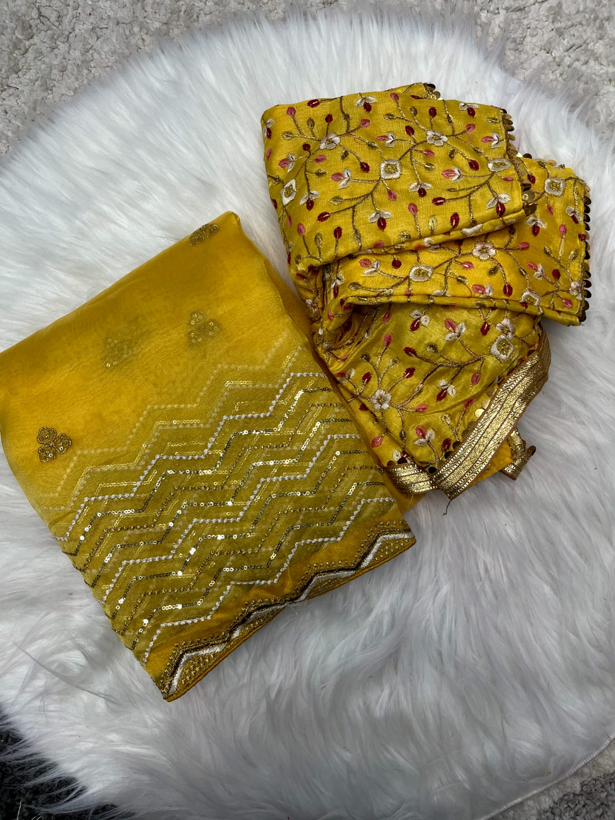 "Embroidery & Sequins Work Yellow Organza Silk Saree Banglori Satin Stitched Blouse"