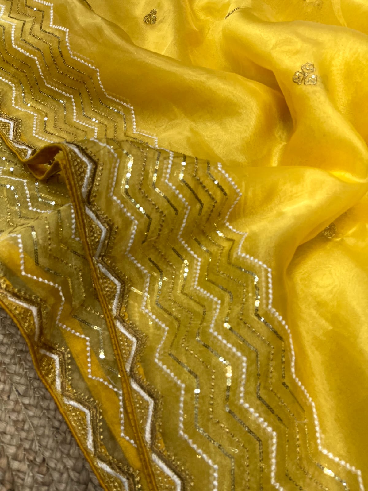 "Embroidery & Sequins Work Yellow Organza Silk Saree Banglori Satin Stitched Blouse"