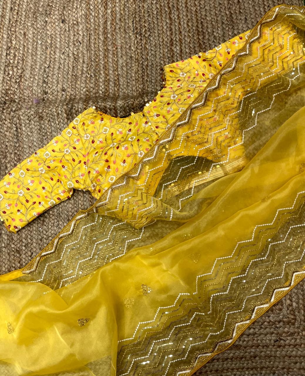 "Embroidery & Sequins Work Yellow Organza Silk Saree Banglori Satin Stitched Blouse"