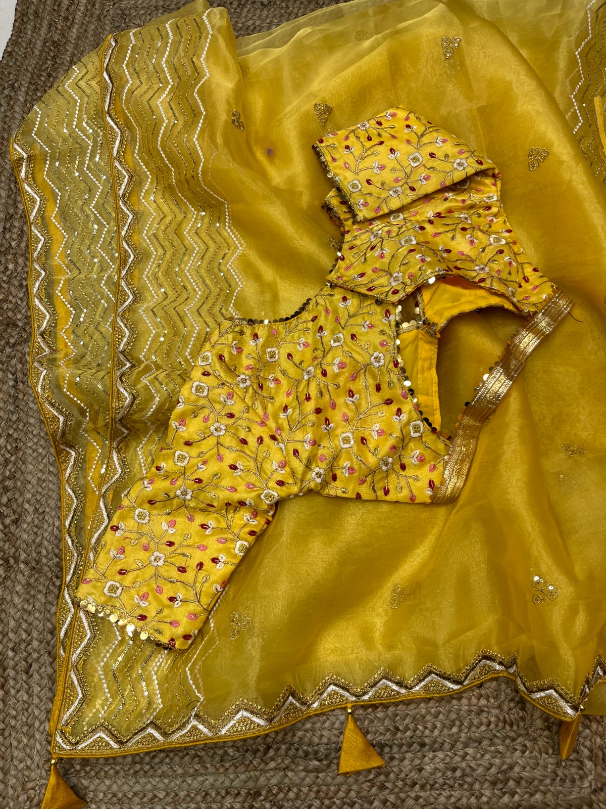 "Embroidery & Sequins Work Yellow Organza Silk Saree Banglori Satin Stitched Blouse"