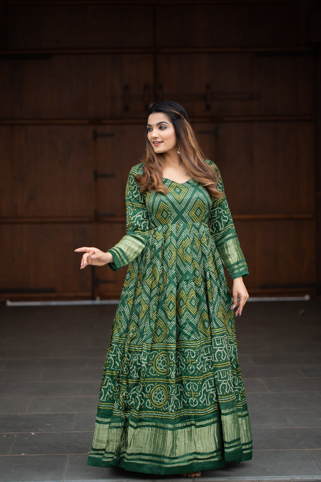 Elegant Green and Wine Bandhani Gaji Silk Gown - Ready to Wear Indian Traditional Dress