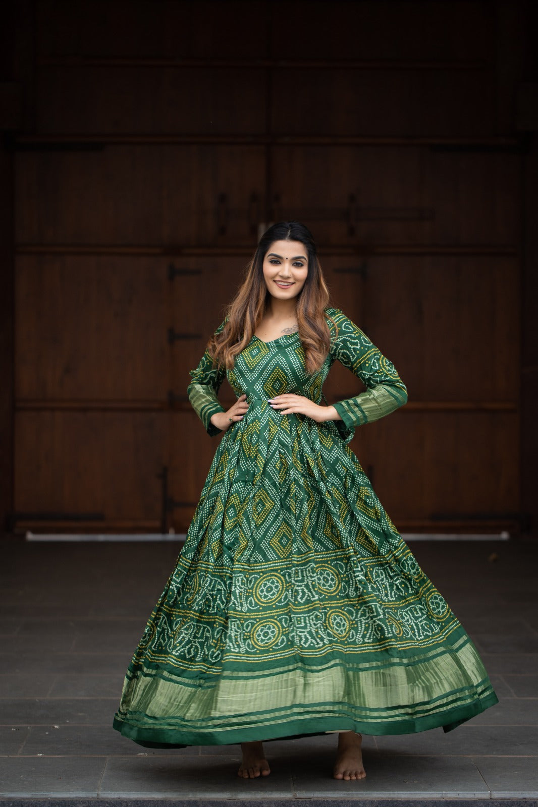 Elegant Green and Wine Bandhani Gaji Silk Gown - Ready to Wear Indian Traditional Dress