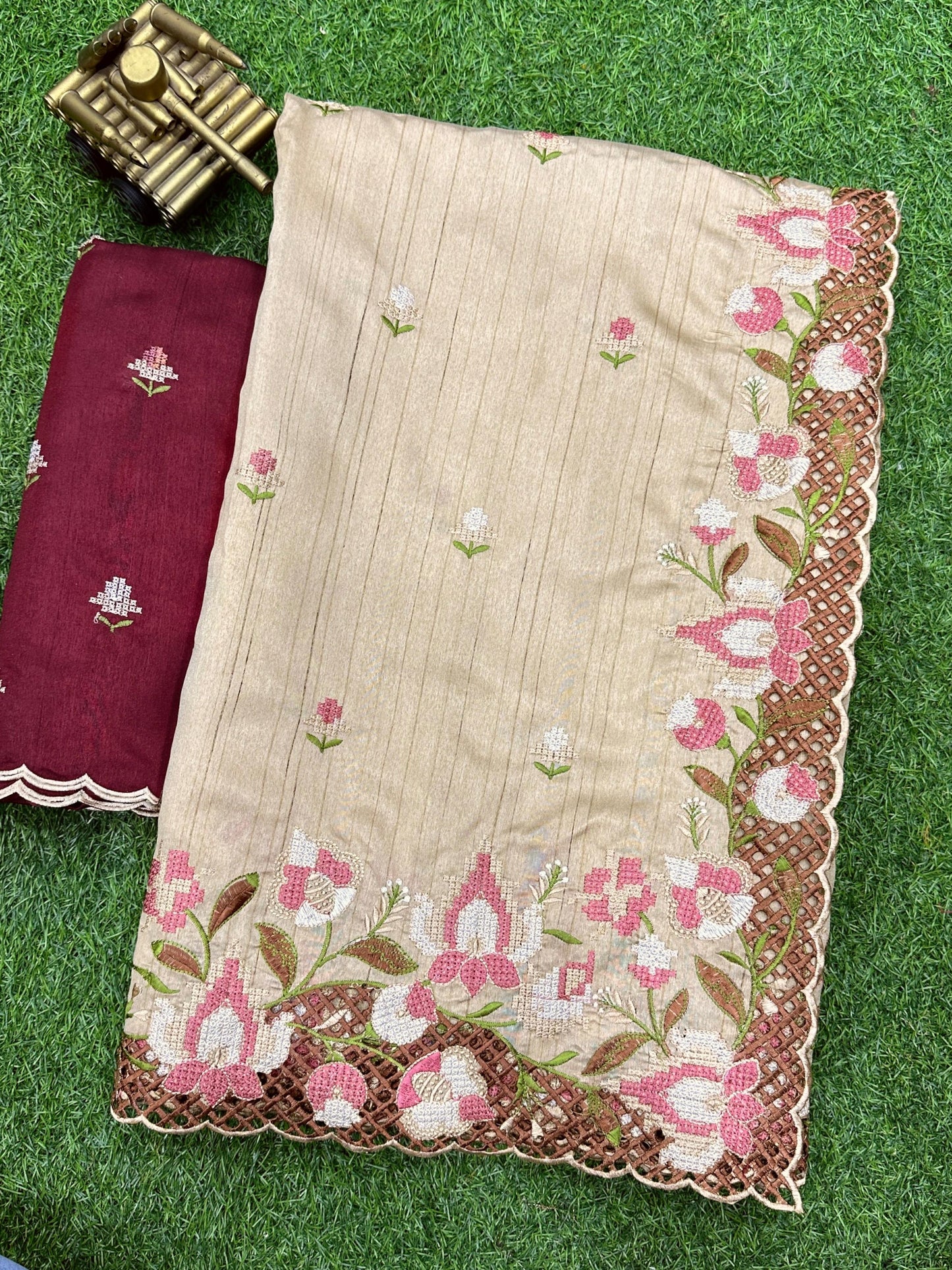 Women's Beautiful Thread and Embroidered Cut Work Visca Slub Silk Saree With Unstitched Blouse