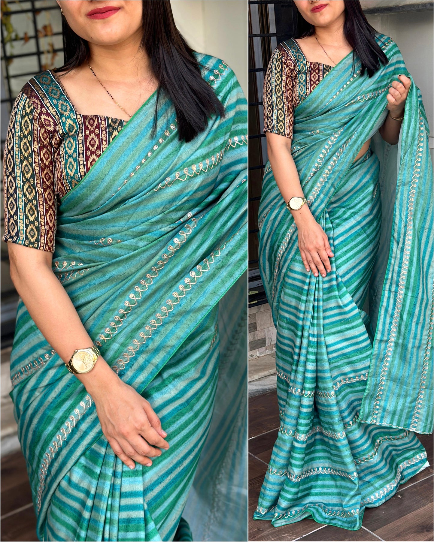 Tusser Silk Lehriya Print Saree with Pitta Embroidery and Jacquard Blouse