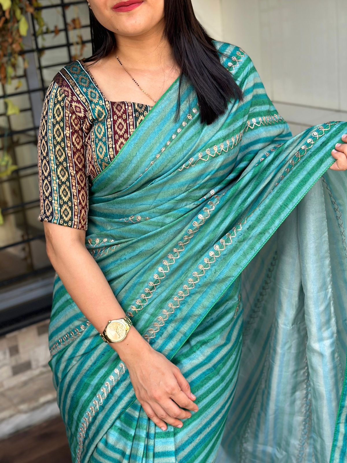 Tusser Silk Lehriya Print Saree with Pitta Embroidery and Jacquard Blouse