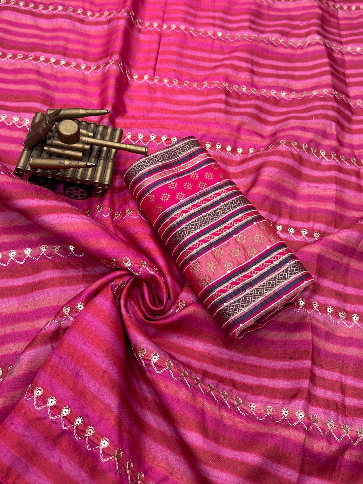 Tusser Silk Lehriya Print Saree with Pitta Embroidery and Jacquard Blouse