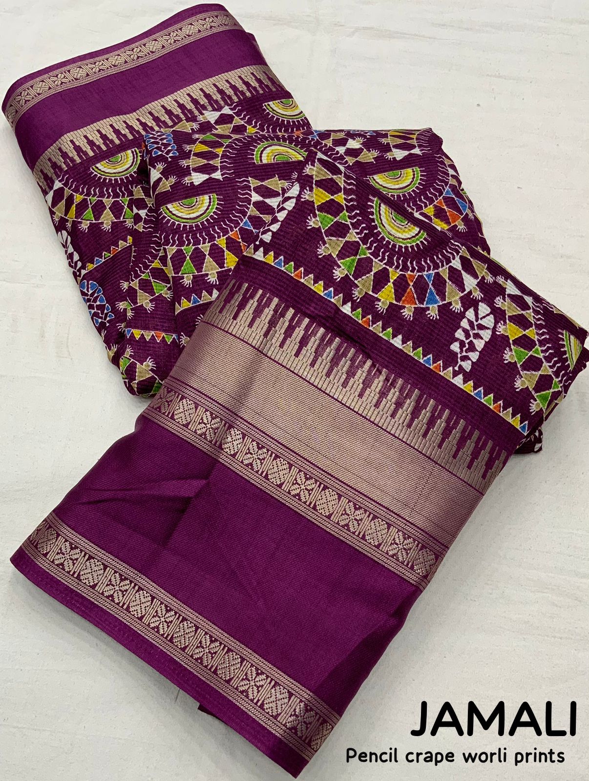 "Women's Beautiful Zari Bentex Border Worli Kalamkari Printed Soft Cotton Crape Saree with Blouse