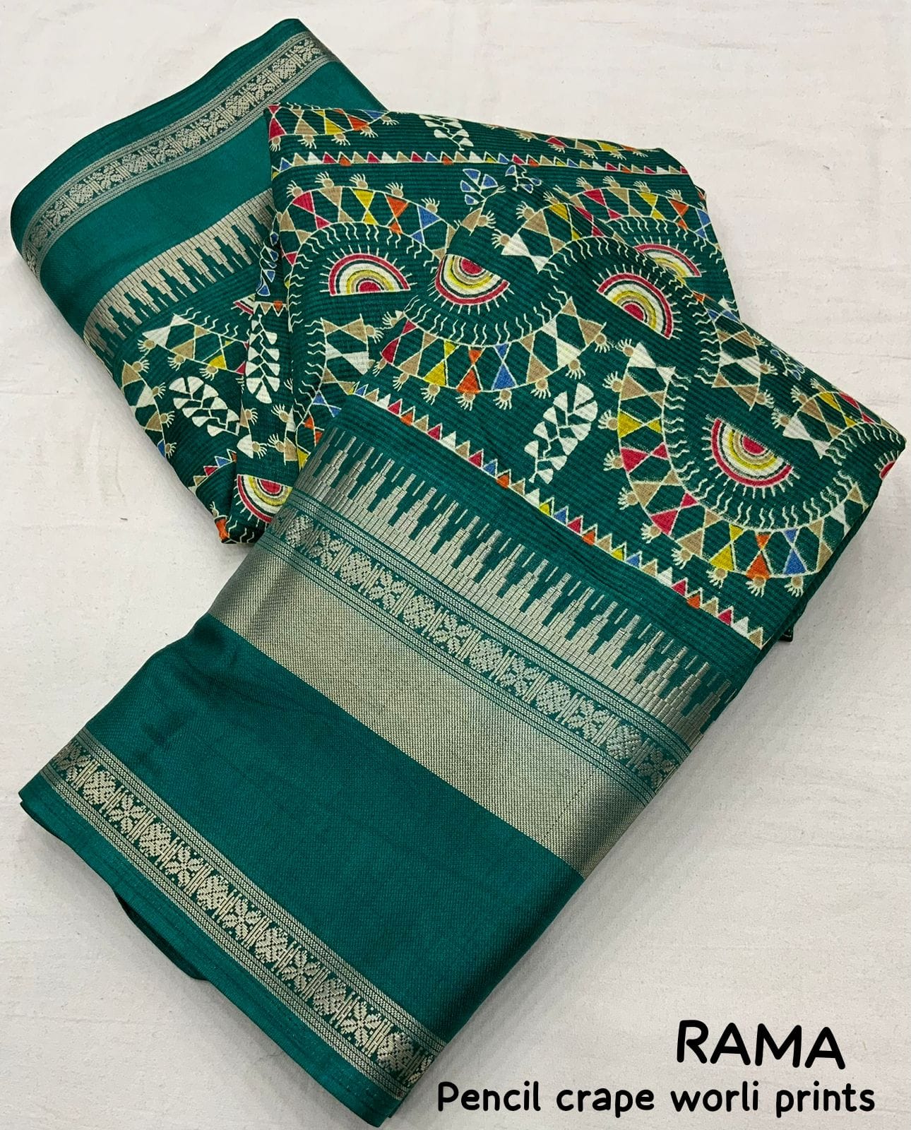 "Women's Beautiful Zari Bentex Border Worli Kalamkari Printed Soft Cotton Crape Saree with Blouse