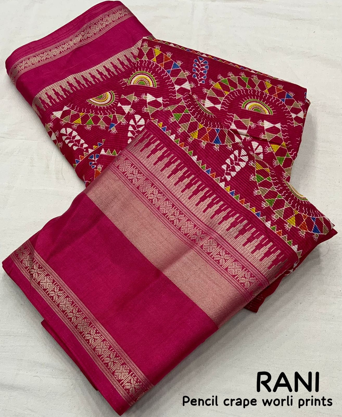 "Women's Beautiful Zari Bentex Border Worli Kalamkari Printed Soft Cotton Crape Saree with Blouse