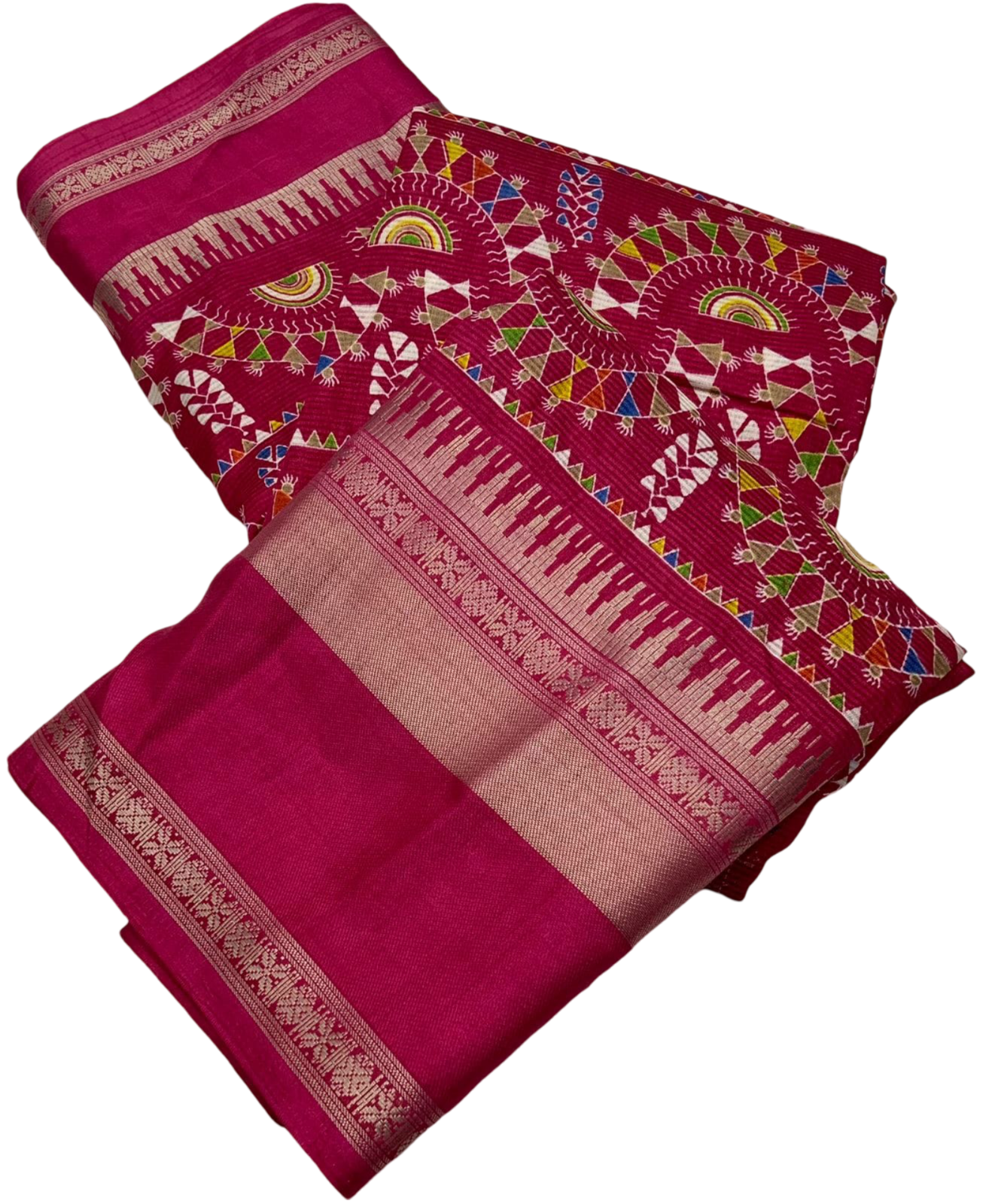 "Women's Beautiful Zari Bentex Border Worli Kalamkari Printed Soft Cotton Crape Saree with Blouse