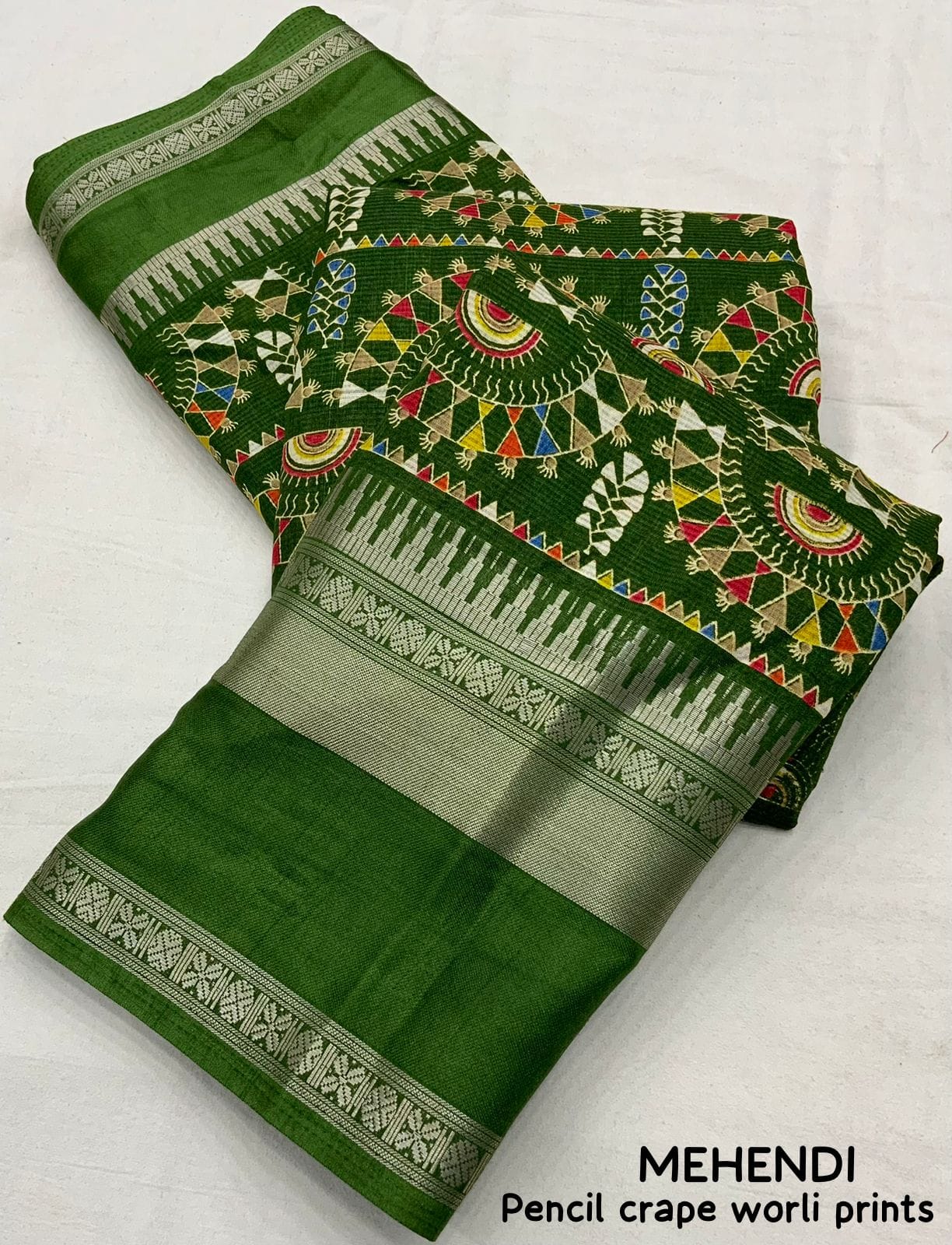 "Women's Beautiful Zari Bentex Border Worli Kalamkari Printed Soft Cotton Crape Saree with Blouse