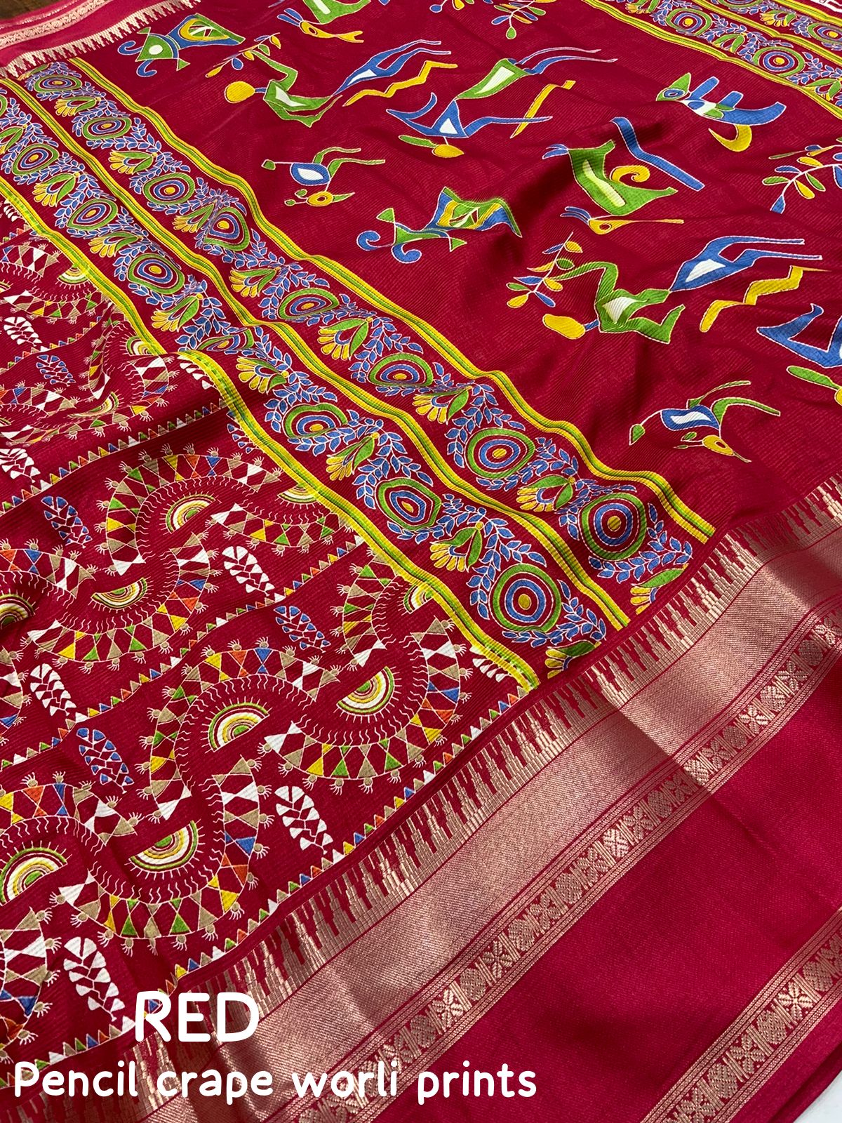 "Women's Beautiful Zari Bentex Border Worli Kalamkari Printed Soft Cotton Crape Saree with Blouse