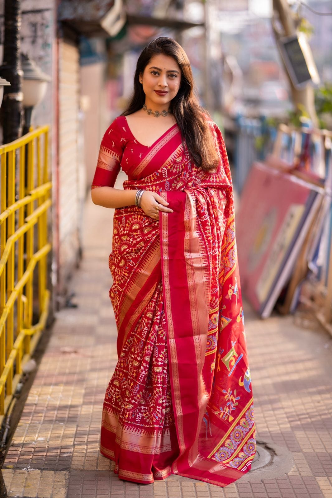 "Women's Beautiful Zari Bentex Border Worli Kalamkari Printed Soft Cotton Crape Saree with Blouse