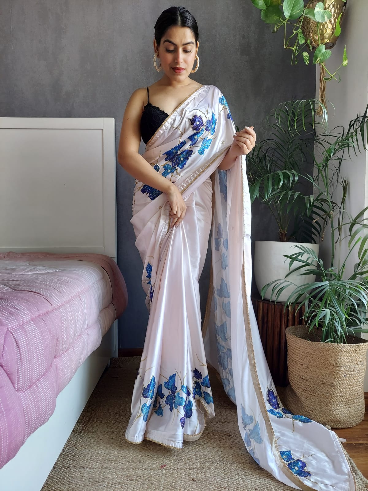 Floral Digital Print and Handwork Pure Soft Japan Satin Silk Saree with Blouse