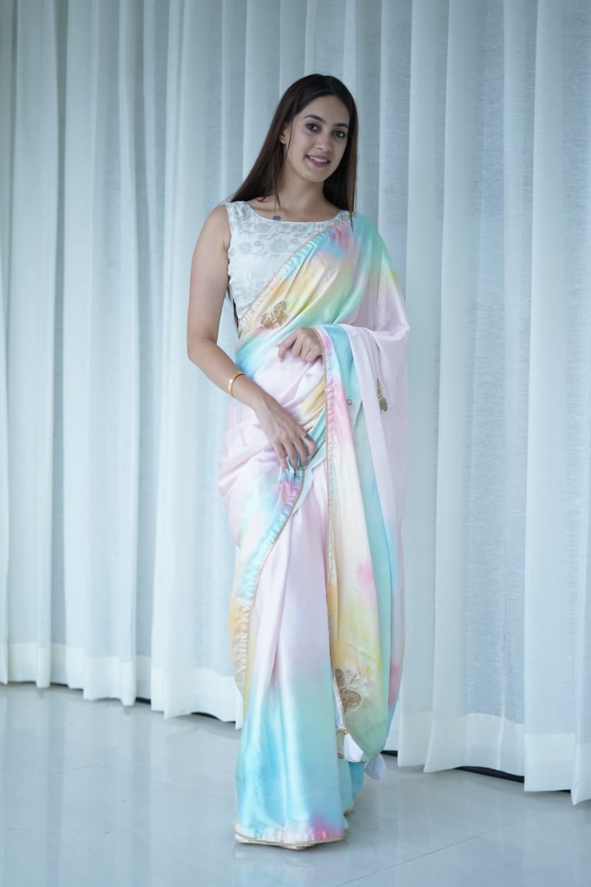 Prism Prints and Handwork Pure Soft Japan Satin Silk Saree with Stitched and Unstitched Blouse