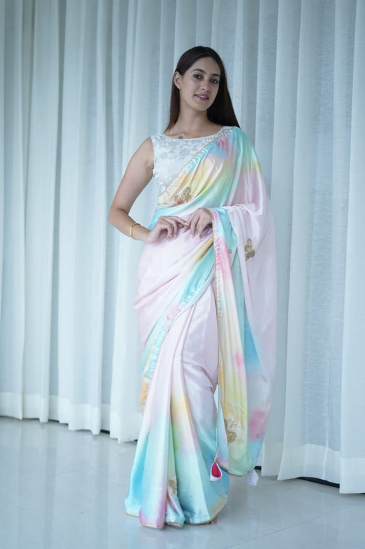 Prism Prints and Handwork Pure Soft Japan Satin Silk Saree with Stitched and Unstitched Blouse