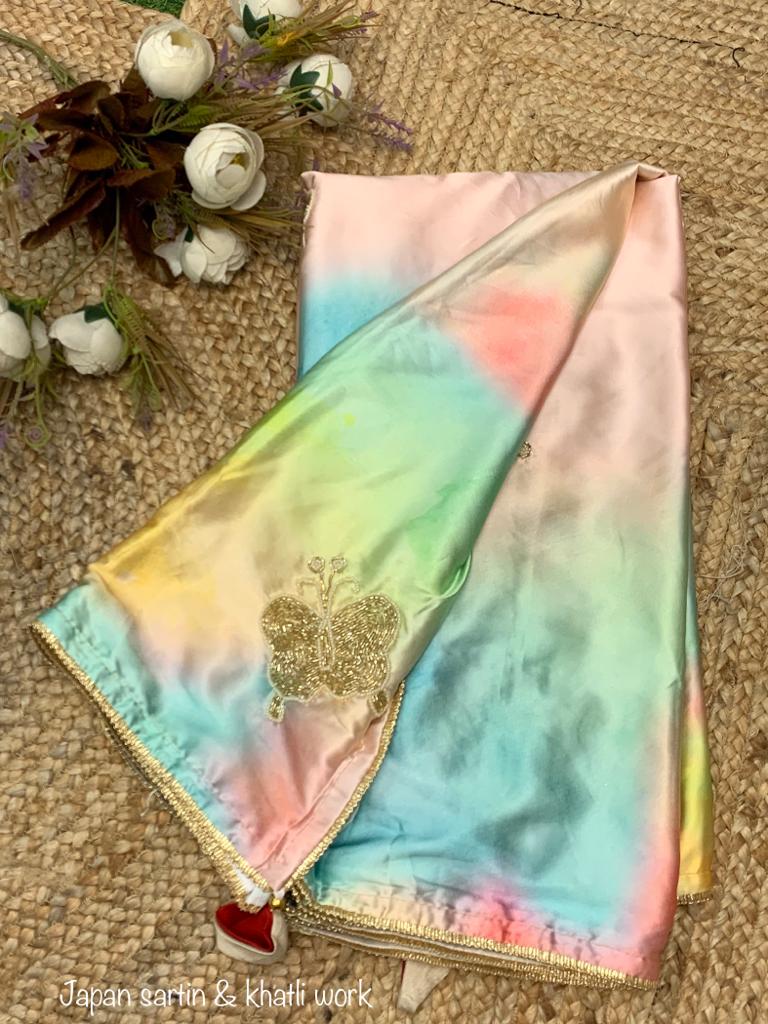 Prism Prints and Handwork Pure Soft Japan Satin Silk Saree with Stitched and Unstitched Blouse