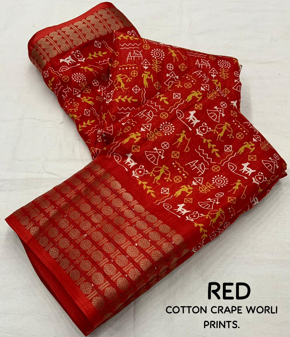 Cotton Crape Worli Kalamkari Printed Zari Border Saree with Running Blouse