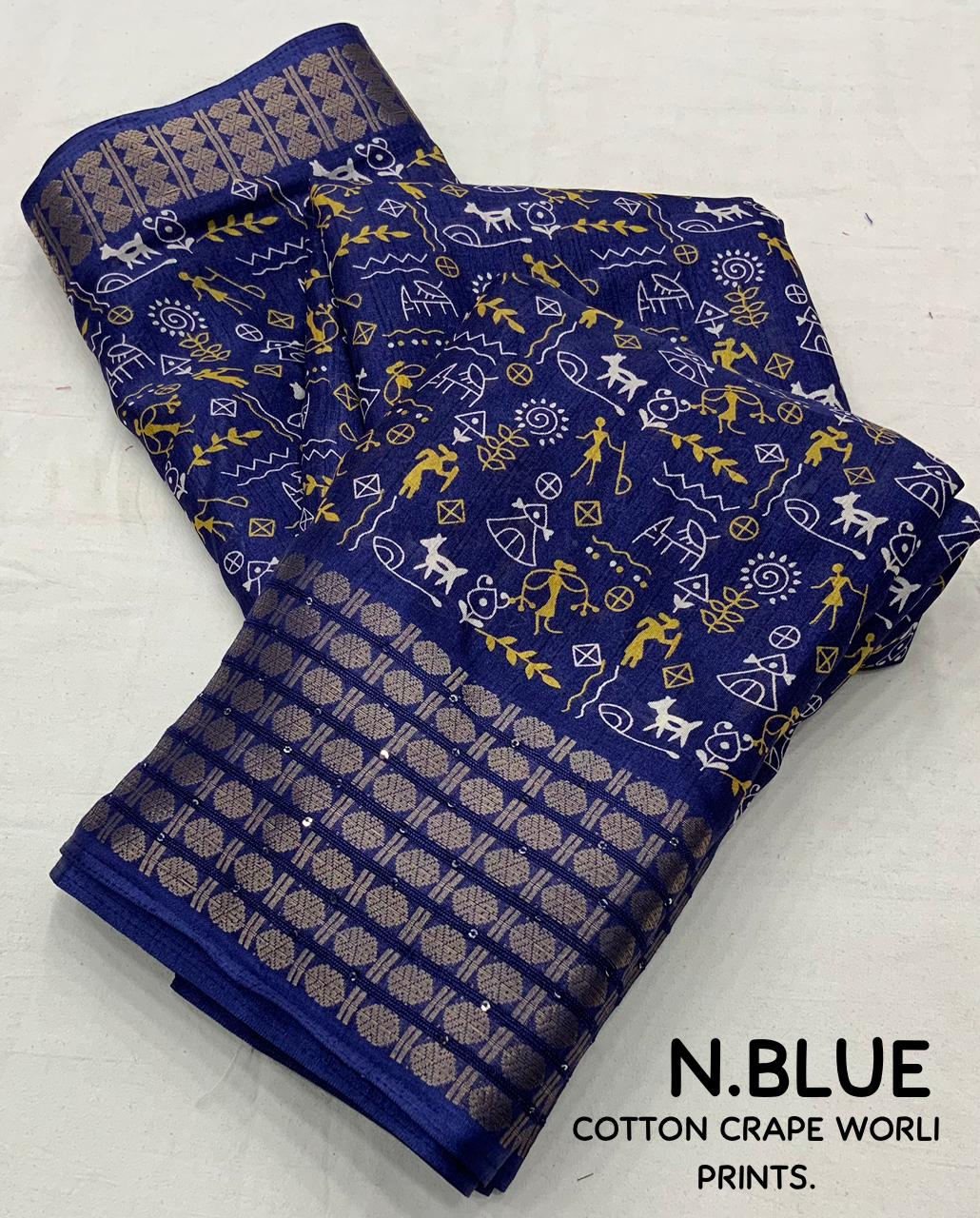 Cotton Crape Worli Kalamkari Printed Zari Border Saree with Running Blouse