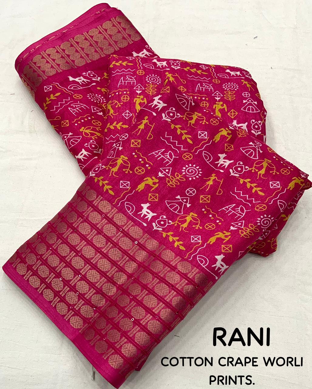 Cotton Crape Worli Kalamkari Printed Zari Border Saree with Running Blouse