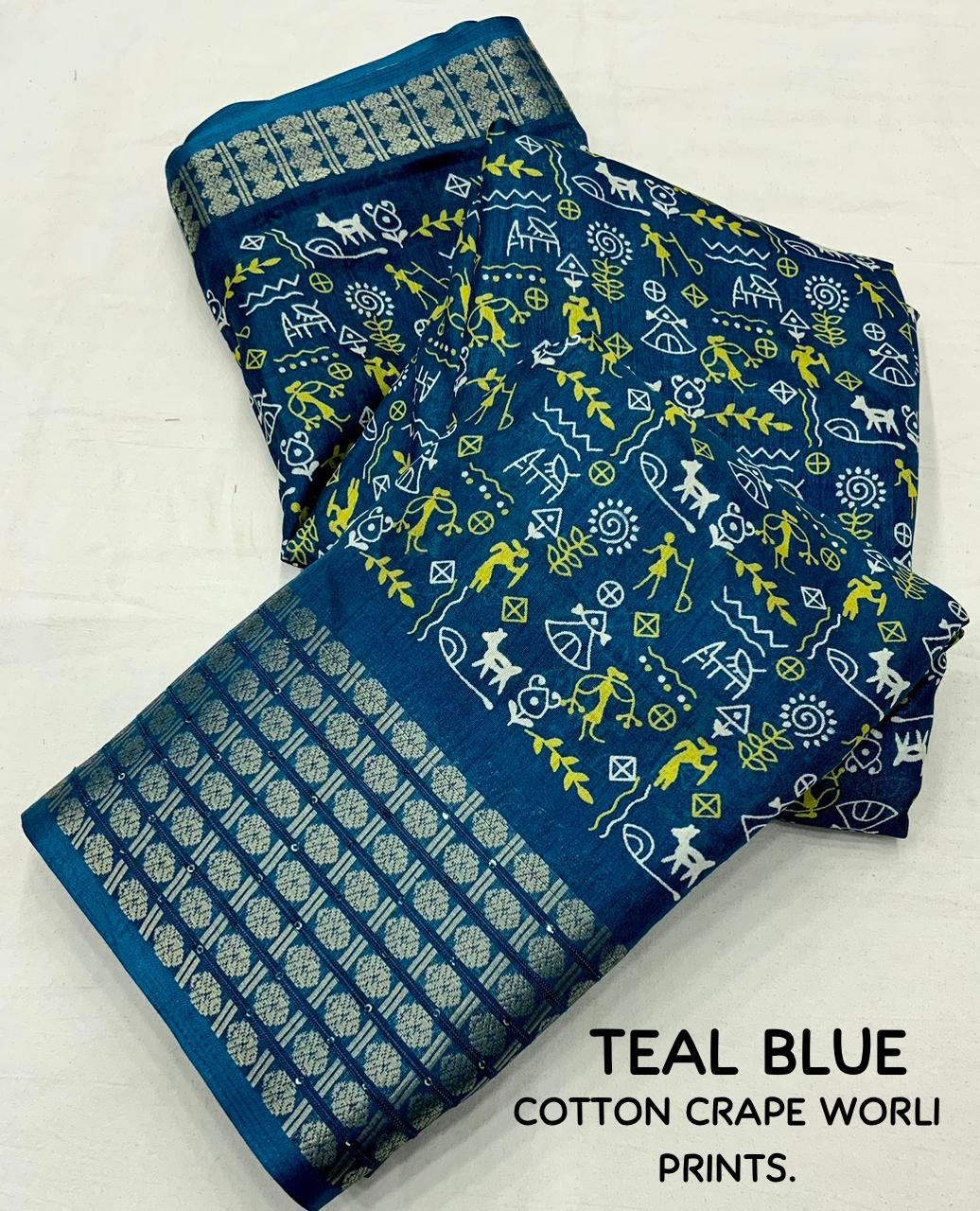 Cotton Crape Worli Kalamkari Printed Zari Border Saree with Running Blouse