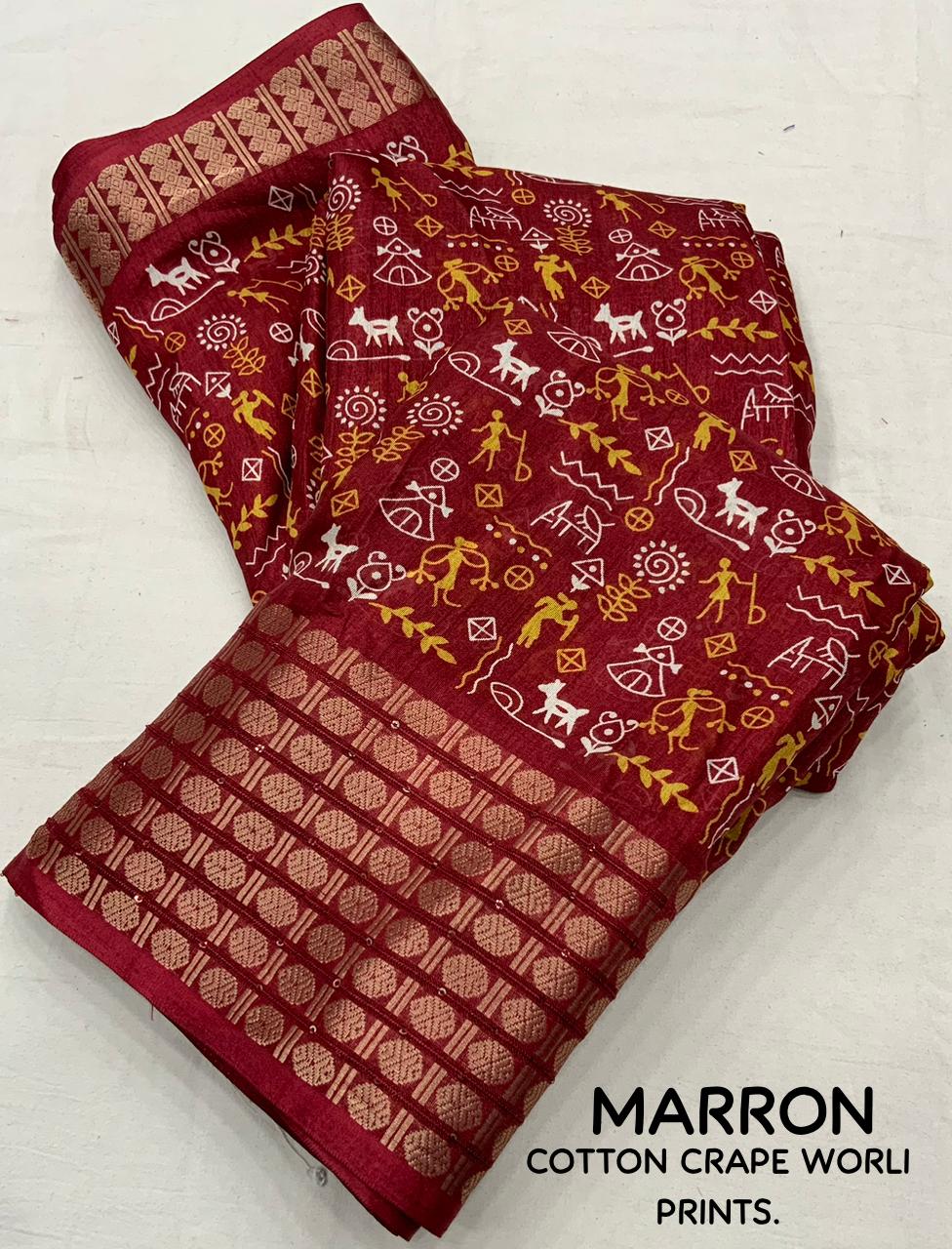 Cotton Crape Worli Kalamkari Printed Zari Border Saree with Running Blouse