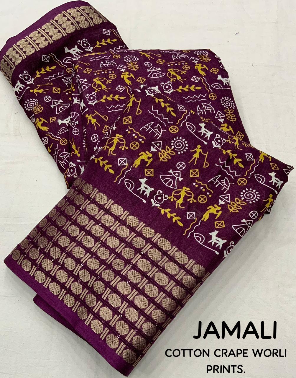 Cotton Crape Worli Kalamkari Printed Zari Border Saree with Running Blouse