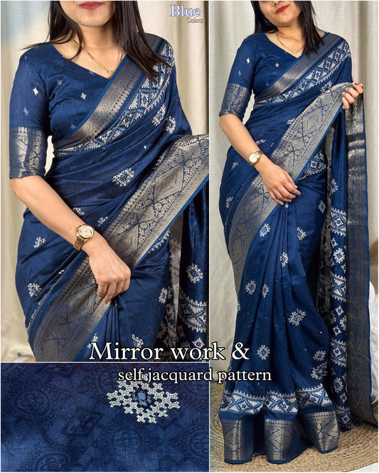 Womne's Beautiful Paper Mirror Work Self Jacquard Zari border printed Muslin Cotton Saree With Running Blouse