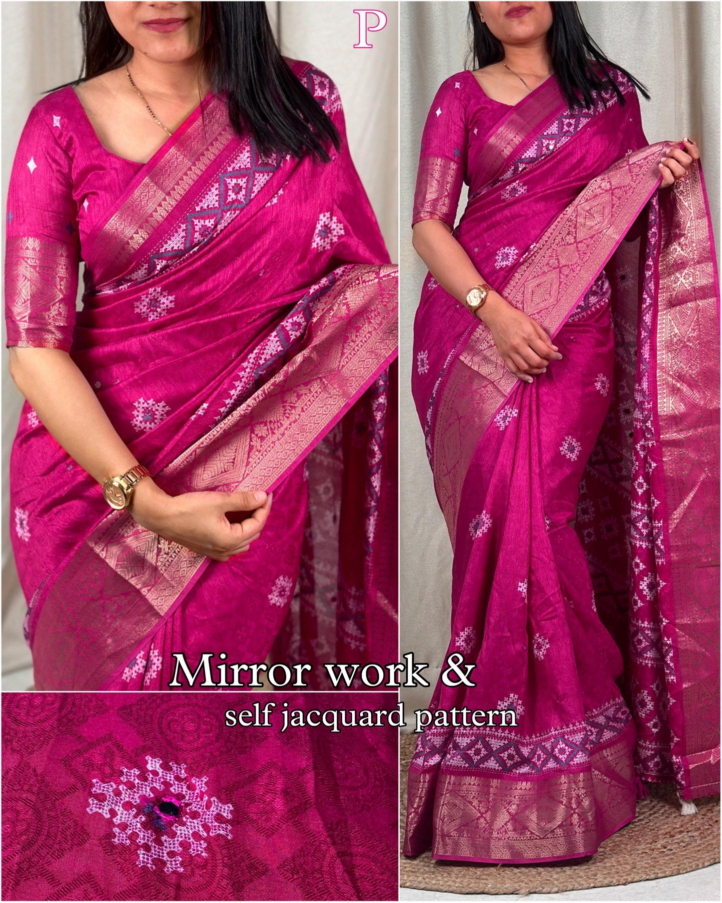 Womne's Beautiful Paper Mirror Work Self Jacquard Zari border printed Muslin Cotton Saree With Running Blouse