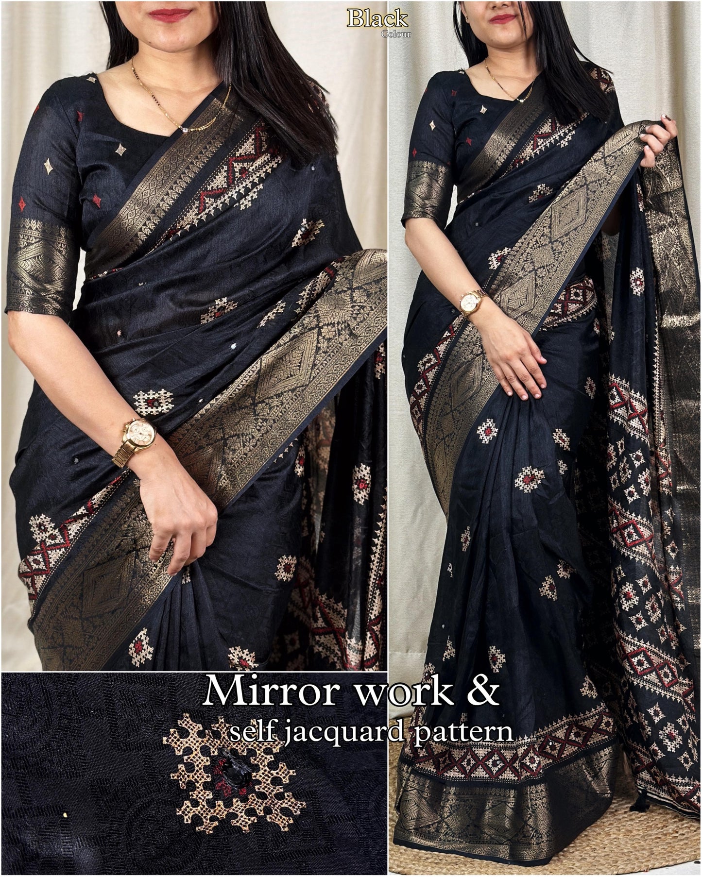 Womne's Beautiful Paper Mirror Work Self Jacquard Zari border printed Muslin Cotton Saree With Running Blouse