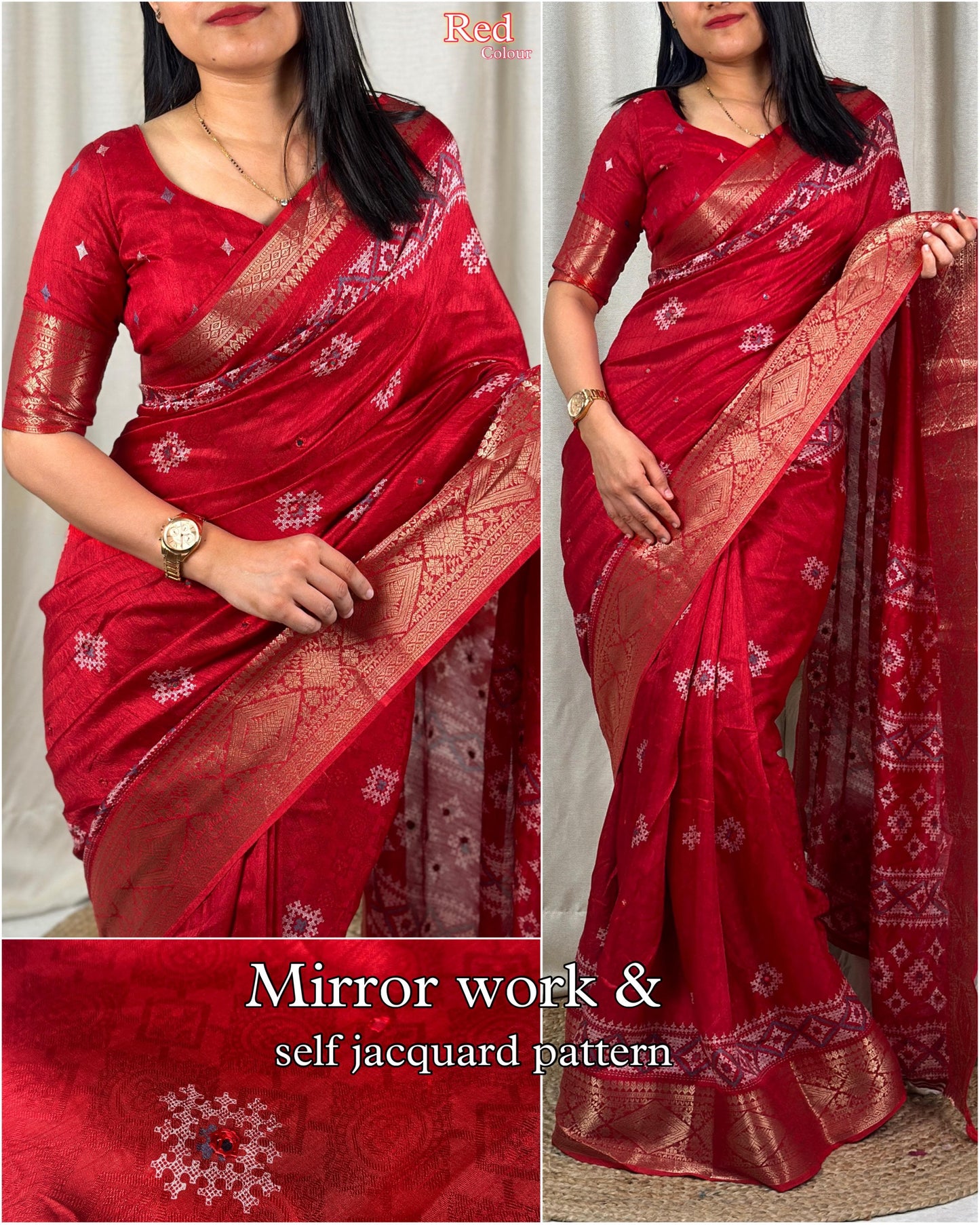 Womne's Beautiful Paper Mirror Work Self Jacquard Zari border printed Muslin Cotton Saree With Running Blouse