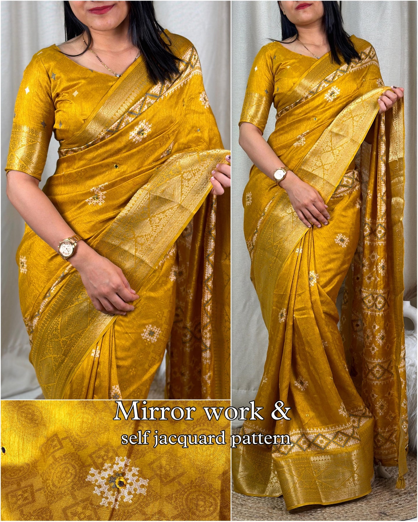 Womne's Beautiful Paper Mirror Work Self Jacquard Zari border printed Muslin Cotton Saree With Running Blouse