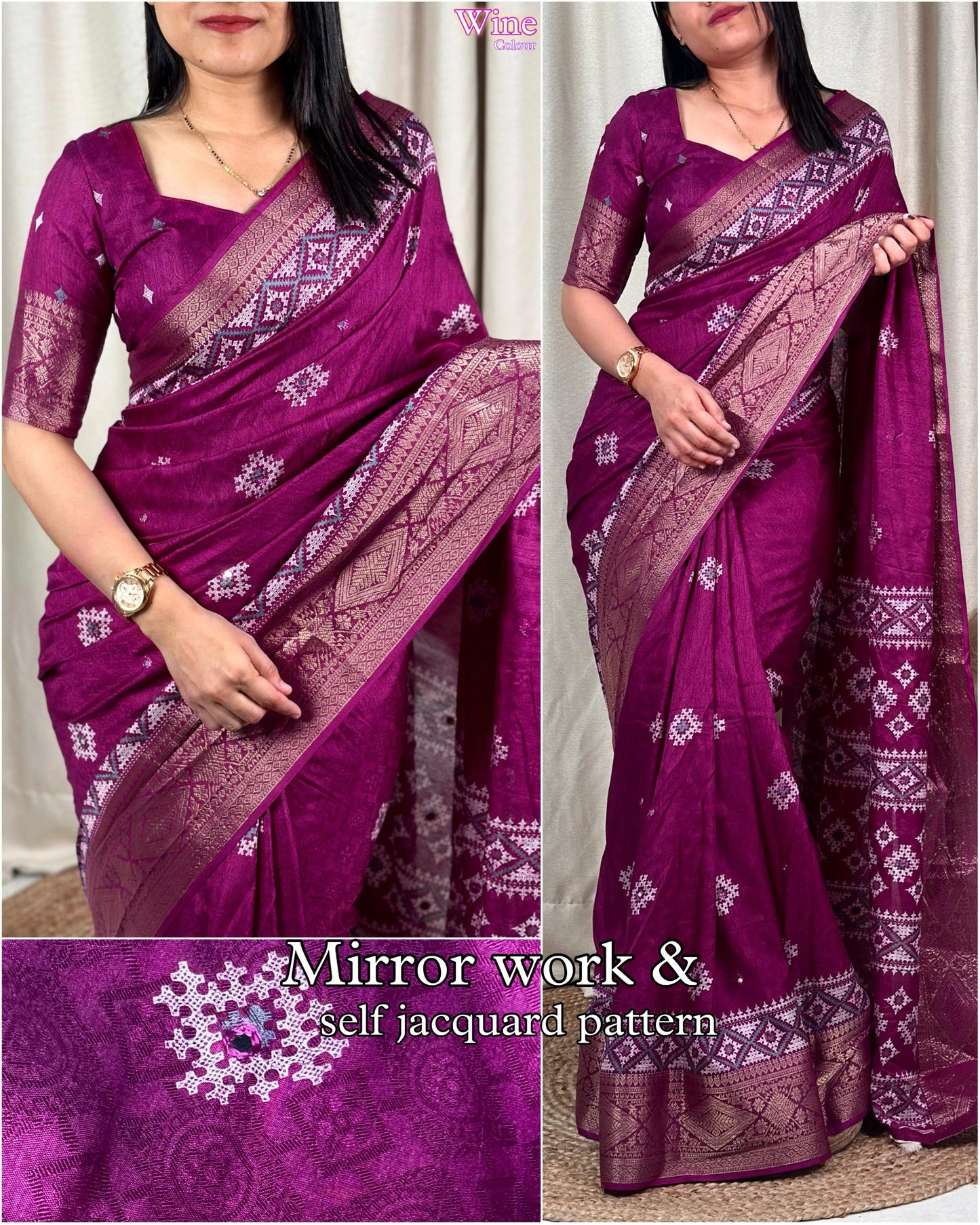 Womne's Beautiful Paper Mirror Work Self Jacquard Zari border printed Muslin Cotton Saree With Running Blouse