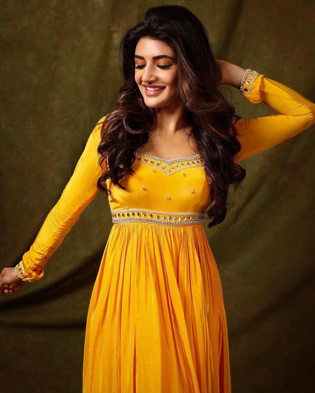 South Actress Sreeleela Inspired Yellow Colour Gown with Dupatta