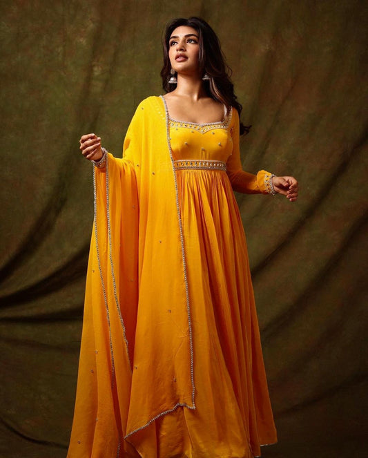 South Actress Sreeleela Inspired Yellow Colour Gown with Dupatta